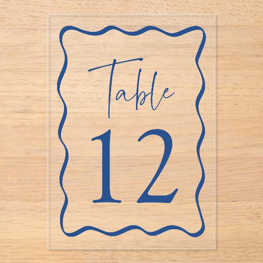 Moderne blaue Wavy-Frame-Acryl-Tischnummern Acryleinladungen (Vorderseite)