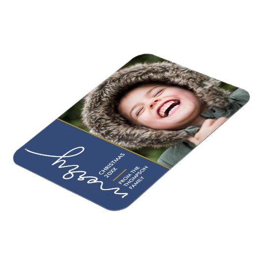 Moderne blaue Weihnachts-Script-Fotokarte Magnet (Linke Seite)