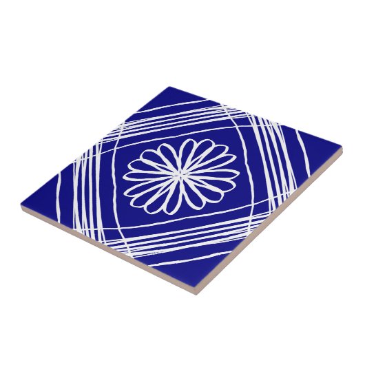 Moderne, blaue, weiße Blume Kunst Fliese (Seite)