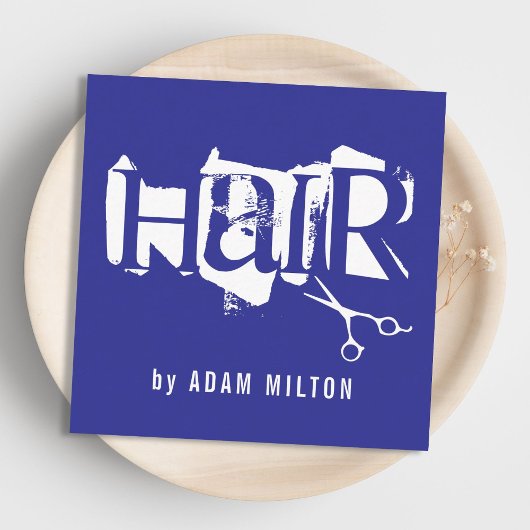 Moderne blaue weiße Schere Haarstylistin Quadratische Visitenkarte