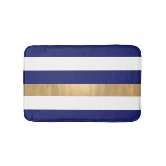 Moderne blaue, weiße und goldgestreifte Badematte