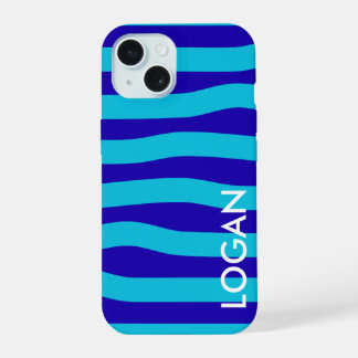 Moderne blaue Wellenstreifen mit individuellem Nam iPhone 15 Hülle
