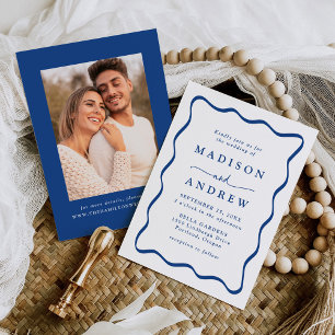Moderne Blaue Wellige Rahmen Foto Hochzeit Einladung