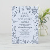 Moderne Blaue Whimsical-Doodle-Abschlussfeier Einladung (Stehend Vorderseite)