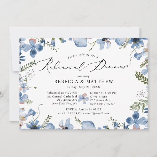 Moderne blaue Wildblumen Hochzeitsessen Probe Einladung (Vorderseite)