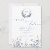 Moderne blaue Wildblumen Save The Date (Vorderseite)