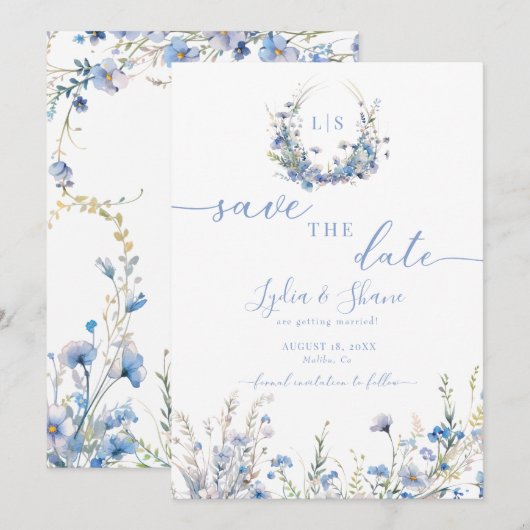 Moderne blaue Wildblumen Save The Date (Vorne/Hinten)