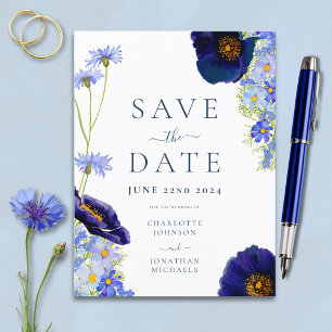 Moderne Blaue Wildblumen-Wasserfarbenen Hochzeit Einladungspostkarte