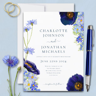 Moderne Blaue Wildblumen-Watercolor-Hochzeit Einladungspostkarte