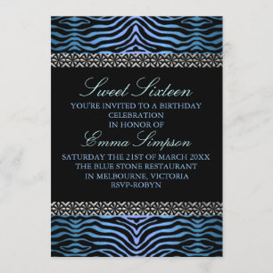 Moderne Blaue Zebradruck Sweet16 Geburtstagseinlad Einladung