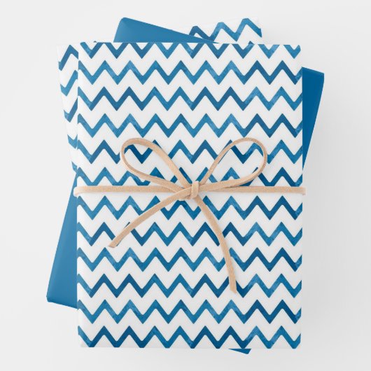 Moderne blaue Zickzack-Gestreifte Weihnachtsgesche Geschenkpapier Set (Beispiel)