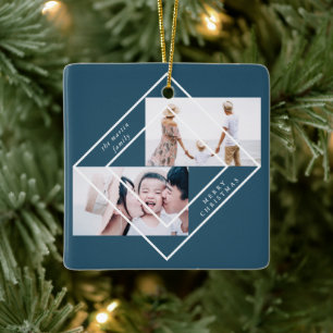 Moderne Blaue Zweifoto-Weihnachtsframe Frohe Weihn Keramikornament