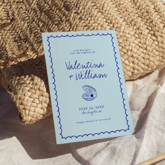 Moderne blauer Mittelmeerraum-Muschel Save the Dat Einladung