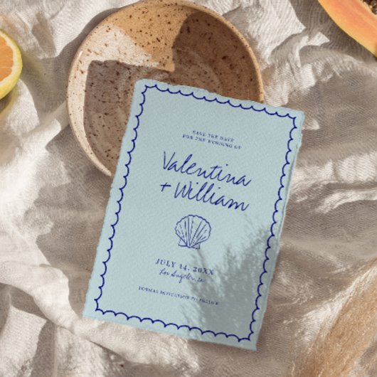 Moderne blauer Mittelmeerraum-Muschel Save the Dat Einladung