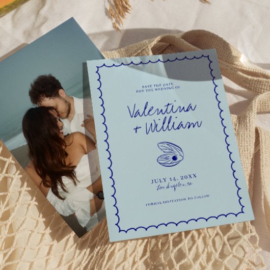 Moderne blauer Mittelmeerraum-Muschel Save the Dat Einladung