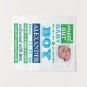 Moderne blaues Baby-Jungen-Foto-Geburts-Mitteilung Wandteppich (Vorderseite (Horizontal))