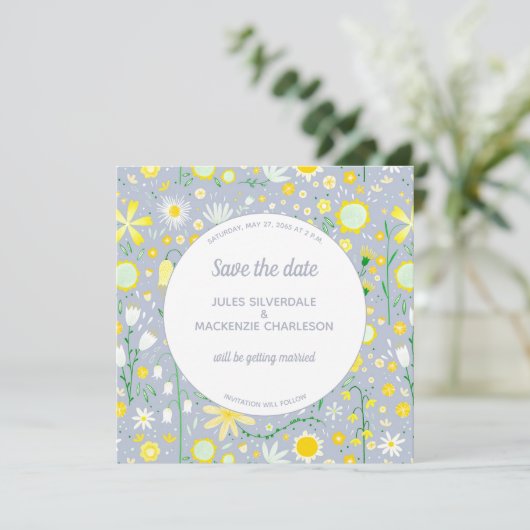 Moderne blaugelbe Blume Save The Date (Stehend Vorderseite)