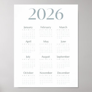 Moderne Blaugrau 2026 Kalender Einfach Einseitig  Poster