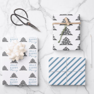 Moderne Blaugraue Weihnachtsbaum-Muster-Feier Geschenkpapier Set