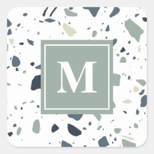 Moderne Blaugrüne Terrazzo-Marmor-Monogramm Quadratischer Aufkleber