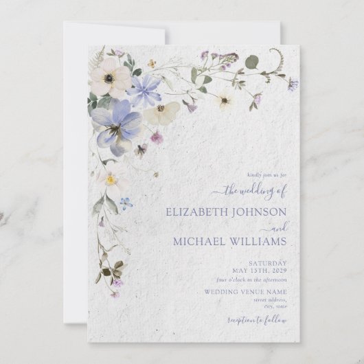 Moderne bläulich gepresste Wildblumen Hochzeit Einladung (Vorderseite)