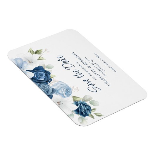 Moderne bläuliche Blumenhochzeit rettet das Datum Magnet (Rechte Seite)