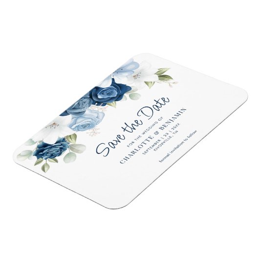 Moderne bläuliche Blumenhochzeit rettet das Datum Magnet (Linke Seite)