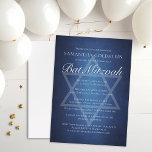 Moderne blauweiße Typografie Formal Bat Mitzvah Einladung<br><div class="desc">Schöne tiefe dunkelblaue Farbtöne schaffen eine Textur wie Wasser auf dieser formellen Bat Mitzvah Einladung. Elegante weiße minimalistische Schrift mit Ihren Zeremonie und Empfang Details auf einem prächtigen Verlauf unter dem subtilen Star von David zu feiern,  die das Kommen Ihrer jüdischen Tochter zu feiern.</div>