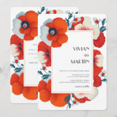 Moderne Blooms helle Red Floral Qr Code Hochzeit Einladung (Vorne/Hinten)
