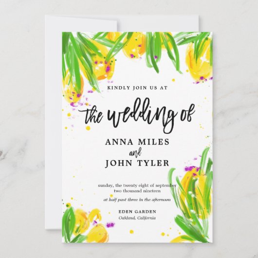 Moderne blorgelbe grüne Violetkalligraphie Einladung (Vorderseite)