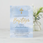 Moderne Blu- und Goldjungen-Taufe Einladung (Stehend Vorderseite)