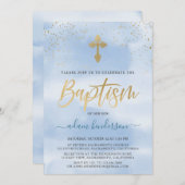 Moderne Blu- und Goldjungen-Taufe Einladung (Vorne/Hinten)