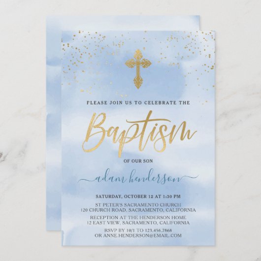 Moderne Blu- und Goldjungen-Taufe Einladung (Vorne/Hinten)