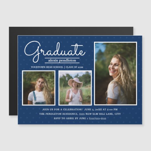 Moderne Blue 3 Foto Graduation Party Ankündigung (Vorne/Hinten)