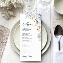 Moderne Blue and Gold Floral Wedding Card Menükarte