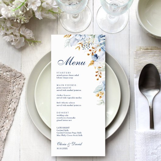 Moderne Blue and Gold Floral Wedding Card Menükarte