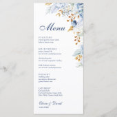 Moderne Blue and Gold Floral Wedding Card Menükarte (Vorderseite)
