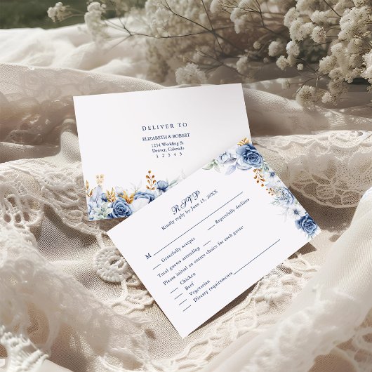 Moderne Blue and Gold Floral Wedding RSVP Card Dankeskarte