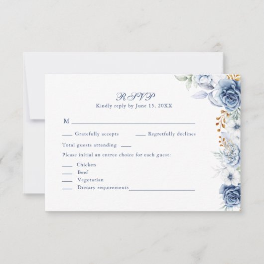 Moderne Blue and Gold Floral Wedding RSVP Card Dankeskarte (Vorderseite)