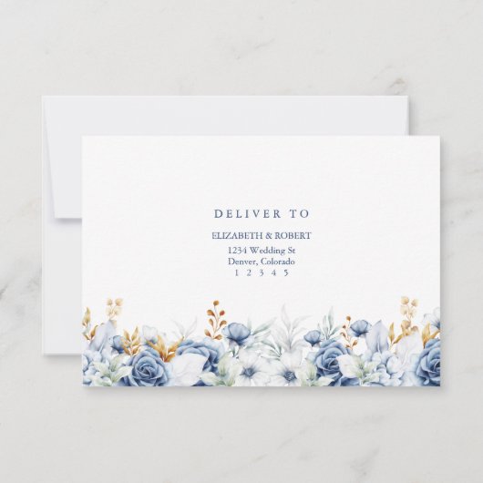 Moderne Blue and Gold Floral Wedding RSVP Card Dankeskarte (Rückseite)