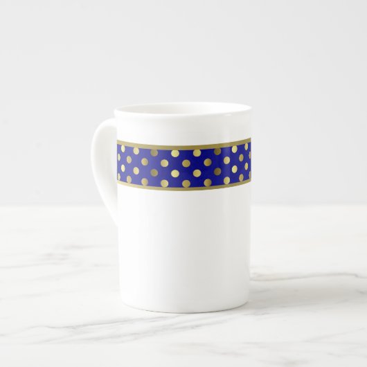 Moderne Blue and Gold Polka Dot Band Knochen China Porzellantasse (Vorderseite Links)