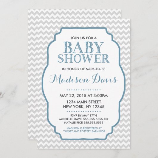 Moderne Blue and Grau Zickzack Baby Dusche lädt ei Einladung (Vorne/Hinten)