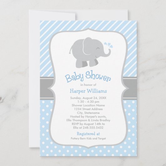 Moderne Blue and Gray Elephant Boy Baby Dusche Einladung (Vorderseite)