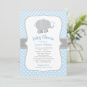 Moderne Blue and Gray Elephant Boy Baby Dusche Einladung (Stehend Vorderseite)