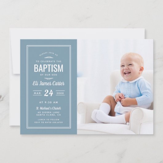 Moderne Blue Baby Boy Foto Taufe Einladung (Vorderseite)