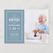 Moderne Blue Baby Boy Foto Taufe Postkarte (Vorderseite)
