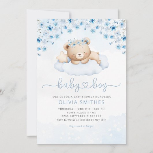 Moderne Blue Boho Teddy Bear Boy Baby Dusche Einladung (Vorderseite)