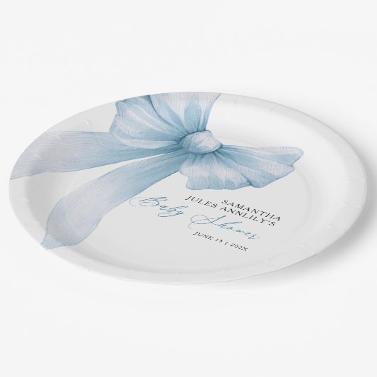 Moderne Blue Bow Baby Dusche Pappteller (Schrägansicht)