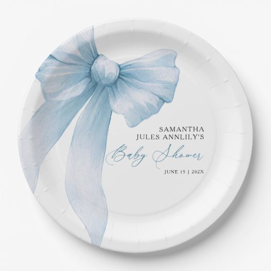 Moderne Blue Bow Baby Dusche Pappteller (Vorderseite)