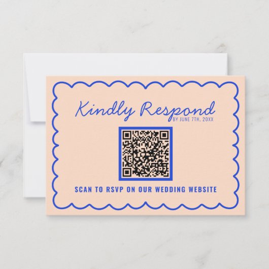 Moderne Blue Bright QR Code Retro Fun Wedding RSVP Karte (Vorderseite)